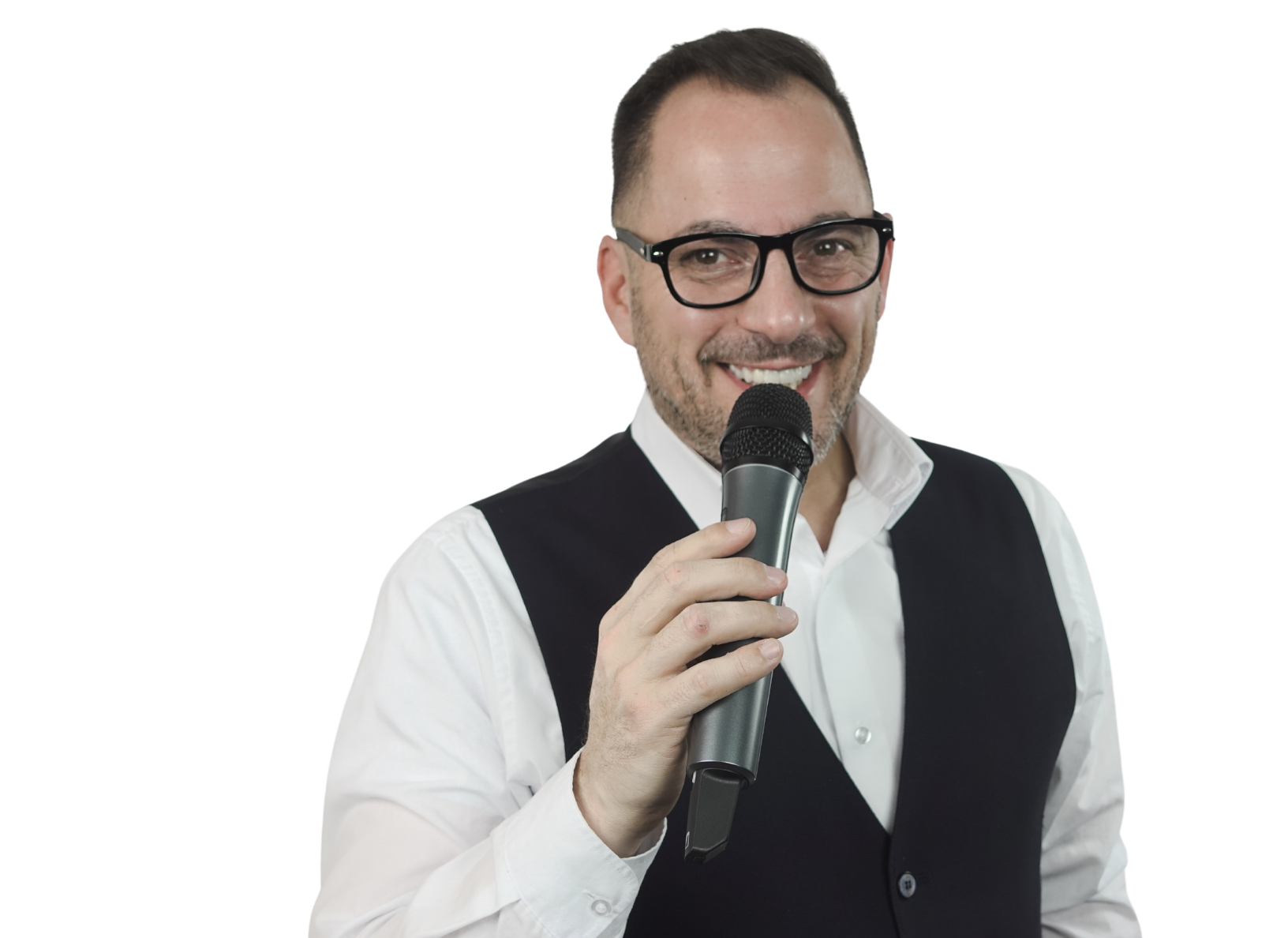 DJ Doppio holding a microphone at an event in Paphos, Cyprus